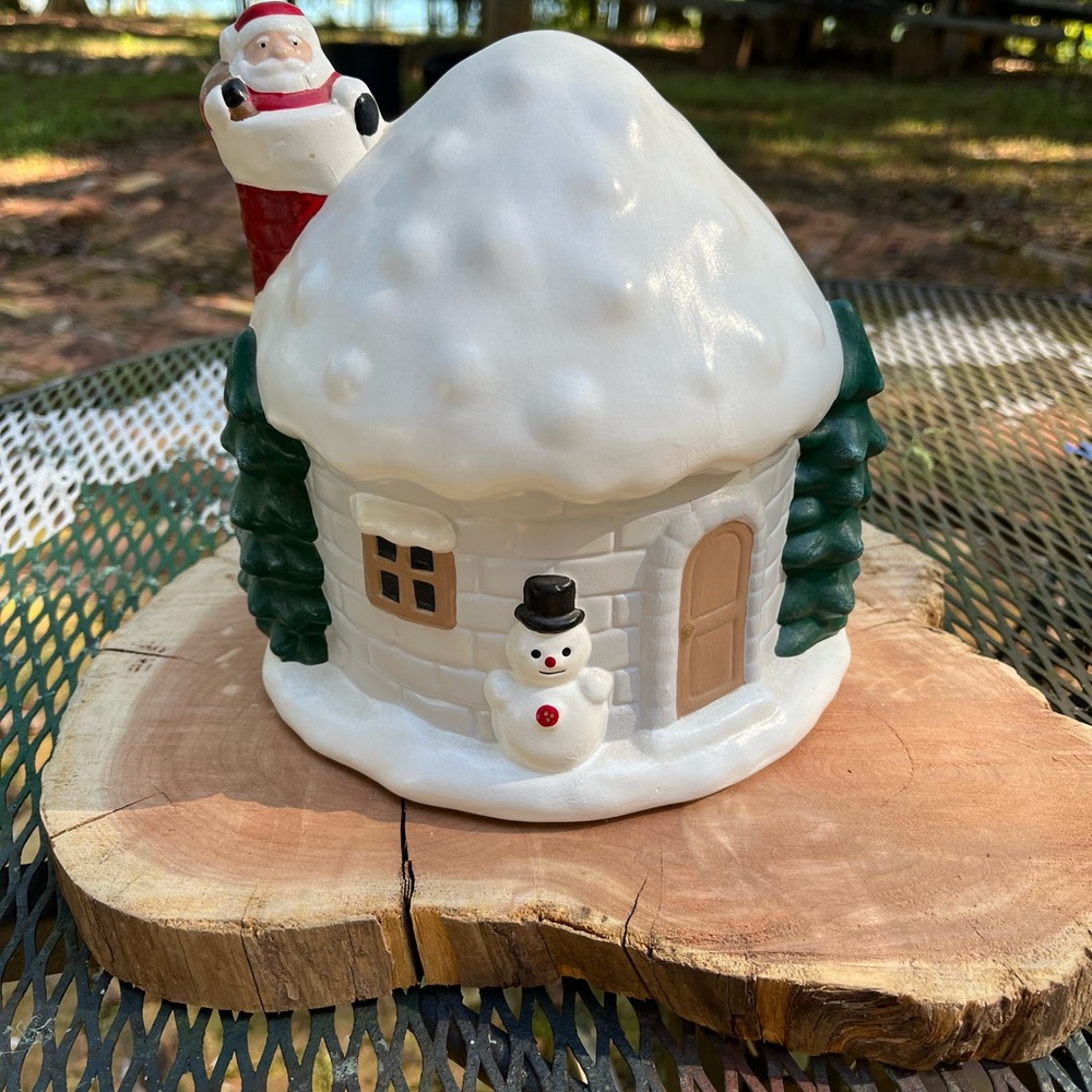 Festive Ceramic Holiday House with Santa and Snowman